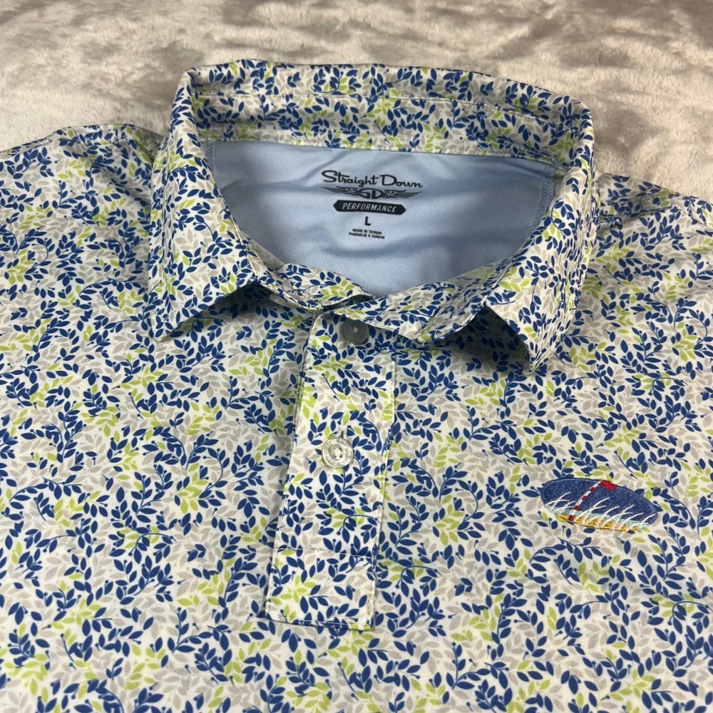 Straight Down Men's L Polo Shirt Blue Green Leaf Performance Golf Short Sleeve